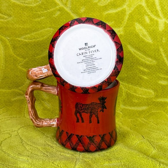 Woolrich Cabin Fever by ZRIKE 2 Ceramic Mugs Hand Painted Red Cottage Holiday - Picture 7 of 11